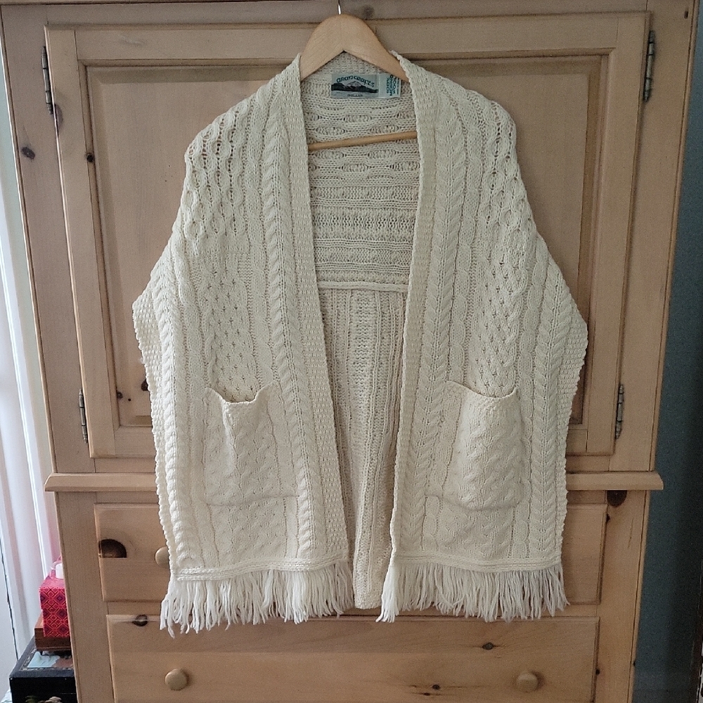 Aran Crafts Ivory Cable Knit Shawl Cardigan with Fringe